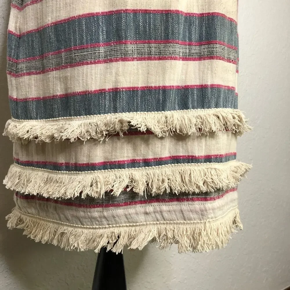 Anthropologie Holding Horses cream chambray blue pink fringe trim dress size 12